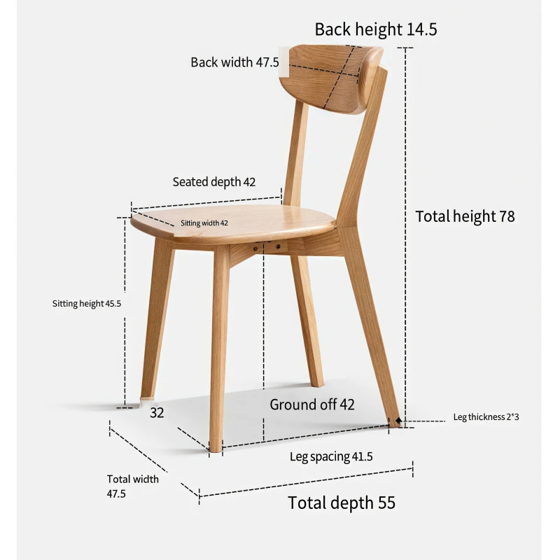 Dimensions specification diagram for Manna solid oak dining chair showing total height 78cm, seat height 45.5cm, total width 47.5cm, and seat depth 42cm.