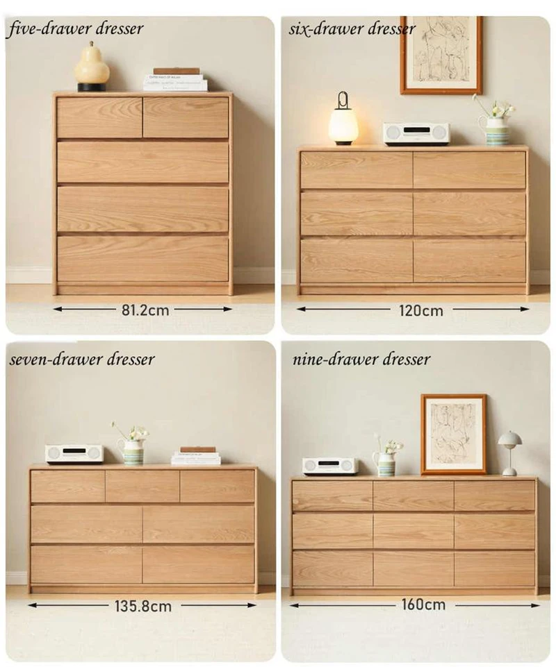 manna-oak-dressers-series-5-6-7-9-drawers-size-guide Size guide diagram for Manna oak dressers: five-drawer (81.2cm), six-drawer (120cm), seven-drawer (135.8cm), and nine-drawer (160cm).
