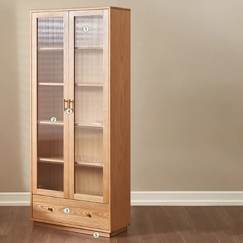 Front view of Manna oak double door fluted glass bookcase with numbered feature callouts for glass doors, shelves, drawer, and base.
