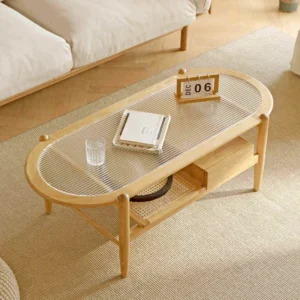 manna oak fluted glass oval coffee table rattan shelf