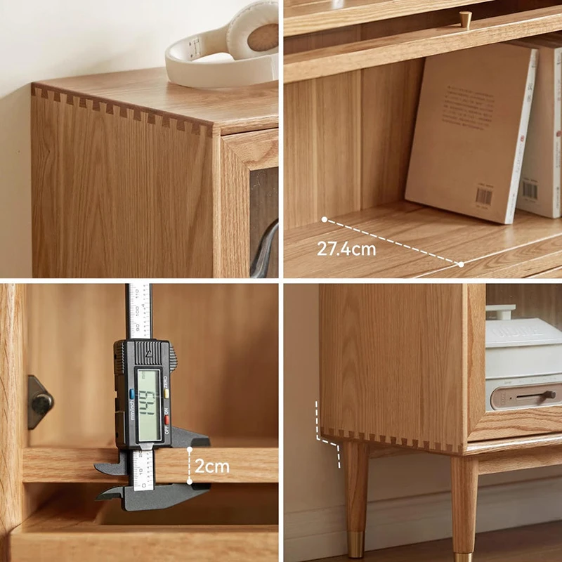 manna-oak-glass-door-bookcase-craftsmanship-details Craftsmanship details of Manna oak bookcase showing dovetail joints, 27.4cm shelf depth, 2cm solid wood board thickness, and tapered legs.