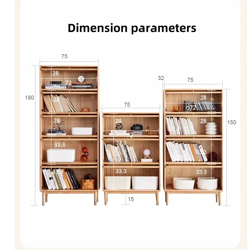 manna-oak-glass-door-bookcase-dimensions-spec Dimension parameters diagram for Manna oak glass door bookcases showing 5-tier (180cm), 3-tier (120cm), and 4-tier (150cm) models with 75cm width and 32cm depth.