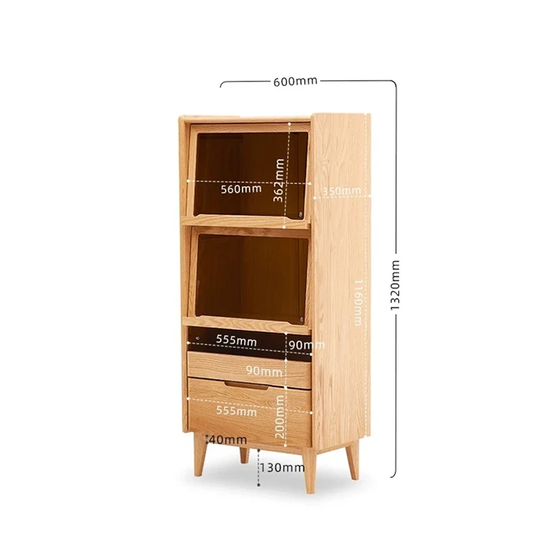 manna-oak-glass-flip-door-bookcase-dimensions-spec Dimensions specification diagram for Manna oak bookcase with glass flip doors showing width 600mm, depth 350mm, total height 1320mm, and drawer heights.