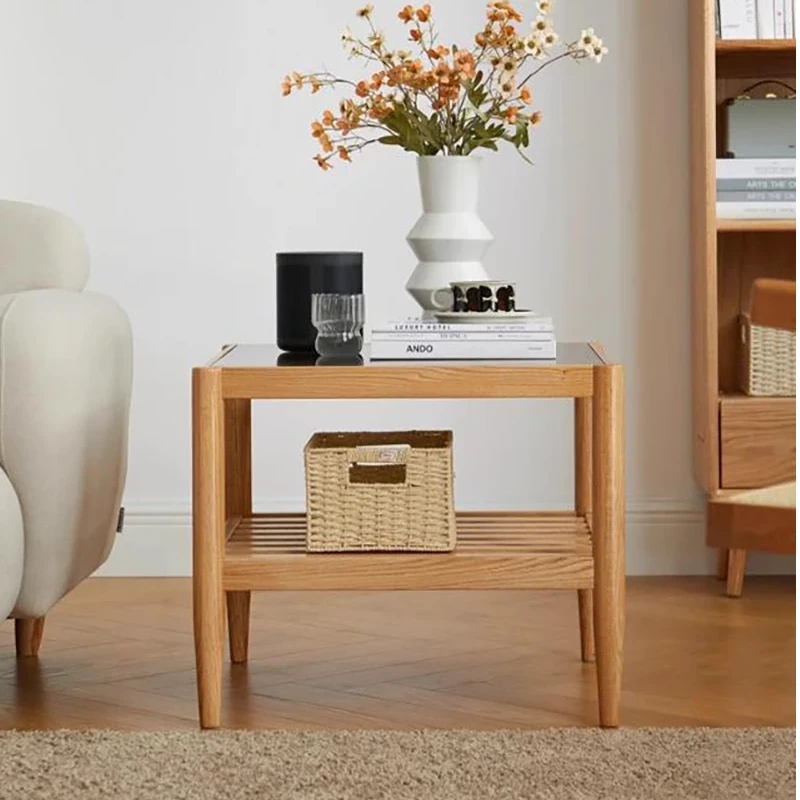 manna oak glass top square end table front view