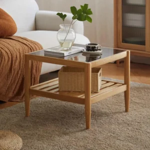 manna oak glass top square end table side view