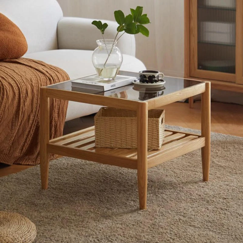 manna oak glass top square end table side view