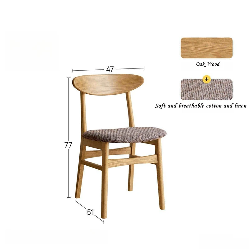 Dimensions diagram for Manna solid oak horn-back dining chair with brown breathable cotton linen upholstered seat cushion.