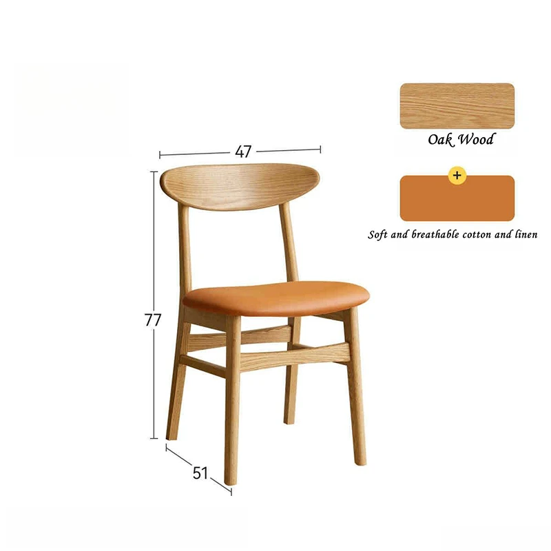Dimensions specification for Manna solid oak horn-back chair featuring a vibrant orange leather-look seat cushion.