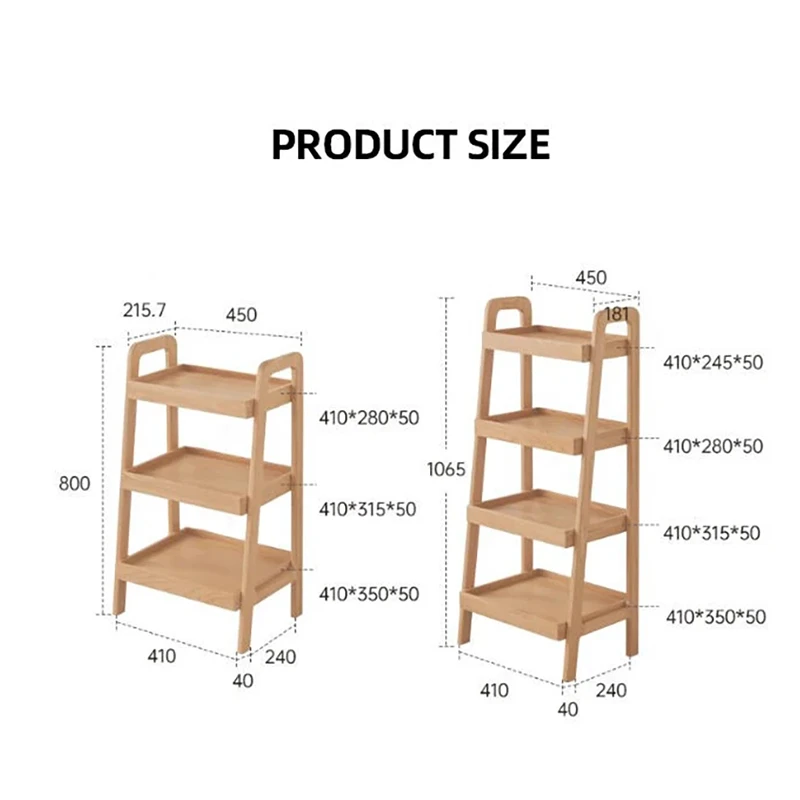 Dimensions specification diagram for Manna oak ladder tray shelves in 3-tier (800mm height) and 4-tier (1065mm height) options with individual tray dimensions.