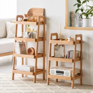 manna-oak-ladder-tray-shelves-3-tier-4-tier-side-by-side Manna oak 3-tier and 4-tier ladder tray shelves displayed side-by-side in a modern bright living room.