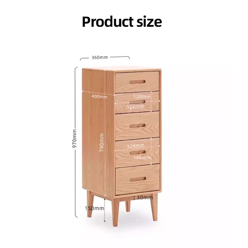manna-oak-narrow-5-drawer-chest-dimensions-spec Dimensions specification diagram for Manna oak narrow 5-drawer chest showing width 360mm, depth 400mm, total height 970mm, body height 790mm, and leg height 150mm.