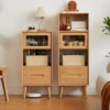 manna-oak-narrow-accent-cabinets-two-heights-comparison Side-by-side comparison of Manna oak narrow accent cabinets in medium and tall heights with glass flip doors and drawers.