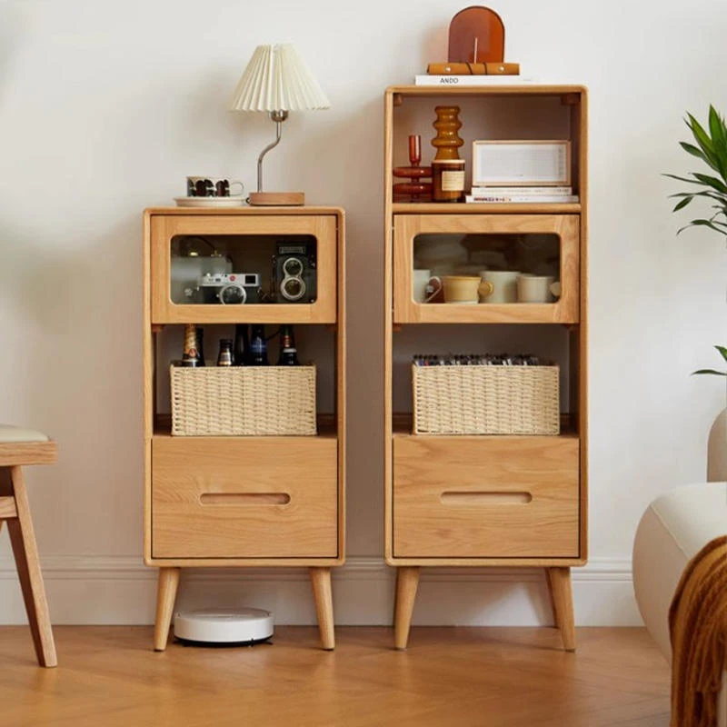 manna-oak-narrow-accent-cabinets-two-heights-comparison Side-by-side comparison of Manna oak narrow accent cabinets in medium and tall heights with glass flip doors and drawers.