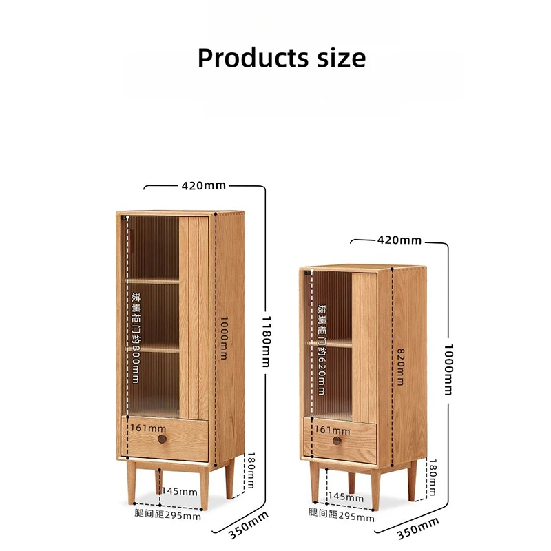 Dimensions specification diagram for Manna oak narrow fluted glass cabinet with drawer in 118cm and 100cm heights, width 420mm, depth 350mm, and leg height 180mm.