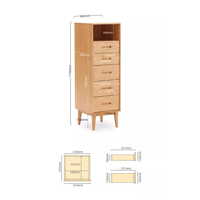 manna-oak-narrow-tall-chest-open-shelf-dimensions-spec Dimensions specification diagram for Manna oak narrow tall chest with open shelf showing height 1150mm, width 360mm, depth 400mm, and drawer inner size specs.