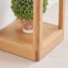 Close-up view of the bottom shelf and solid corner joint of Manna oak open frame plant stand with a potted plant.