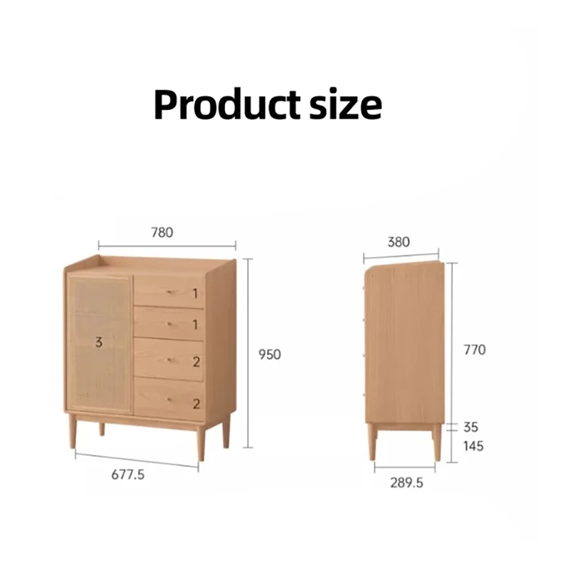 manna-oak-rattan-accent-cabinet-dimensions-spec Dimensions specification diagram for Manna oak rattan cabinet showing width 780mm, depth 380mm, total height 950mm, and leg height 145mm.