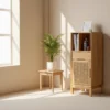 Manna oak narrow accent cabinet with rattan door styled in a sunny living room corner next to a potted green plant.