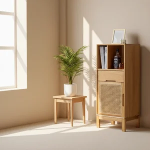 Manna oak narrow accent cabinet with rattan door styled in a sunny living room corner next to a potted green plant.