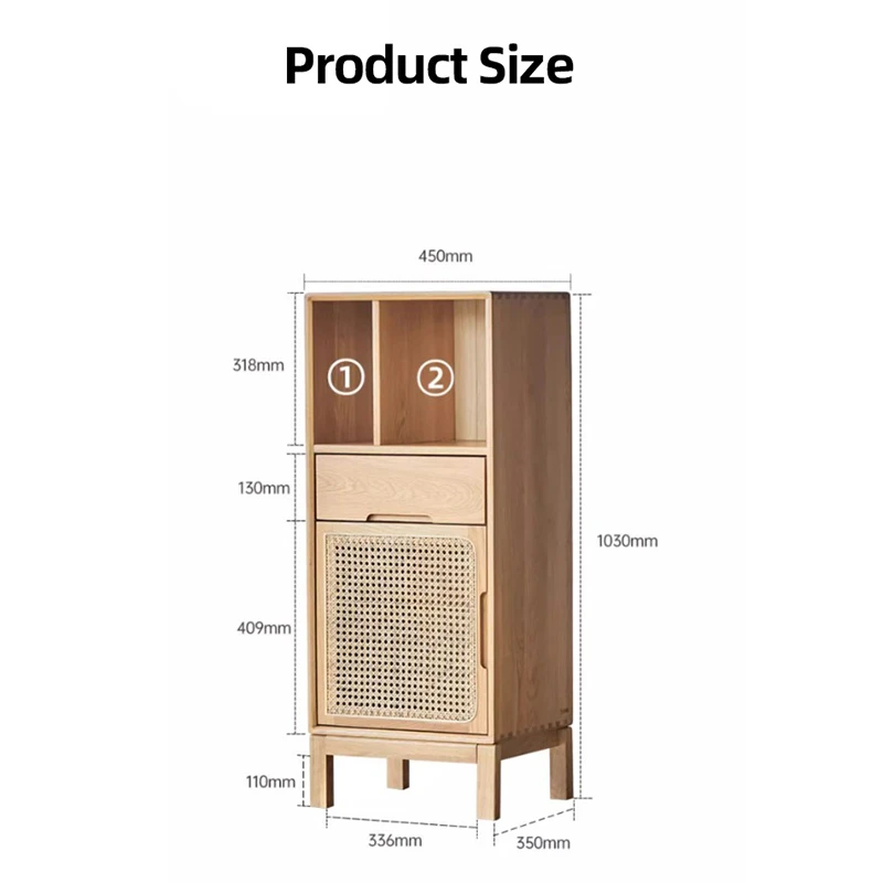 Product size specification diagram for Manna oak narrow cabinet with rattan door, drawer, and open shelves showing width 450mm, depth 350mm, total height 1030mm, and leg height 110mm.