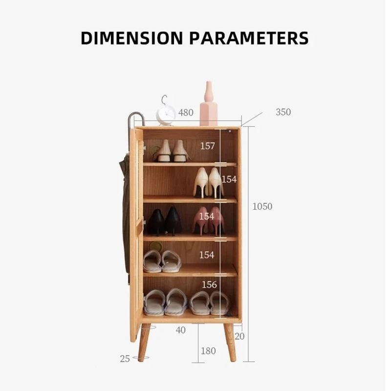 manna-oak-rattan-single-door-shoe-cabinet-dimensions-spec Dimensions specification diagram for Manna oak single door rattan shoe cabinet showing width 480mm, depth 350mm, total height 1050mm, and internal shelf heights.