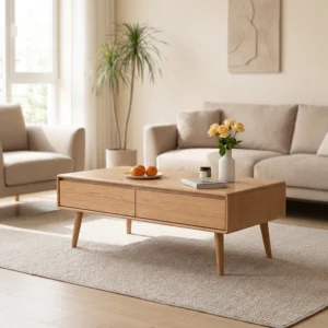 manna oak rectangular coffee table double drawers lifestyle