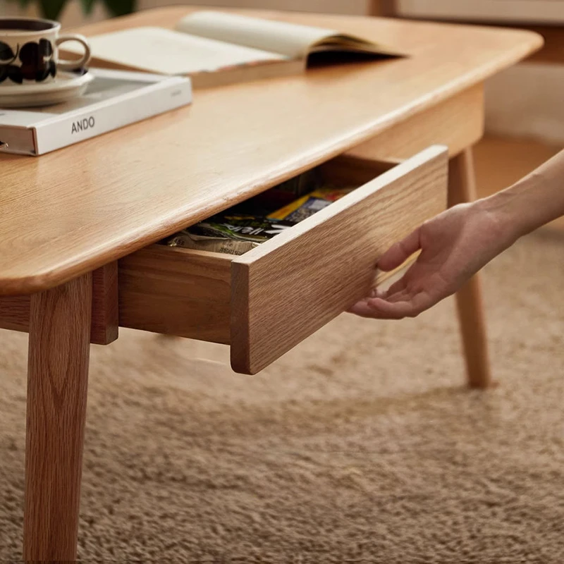 manna oak rectangular coffee table drawer open detail