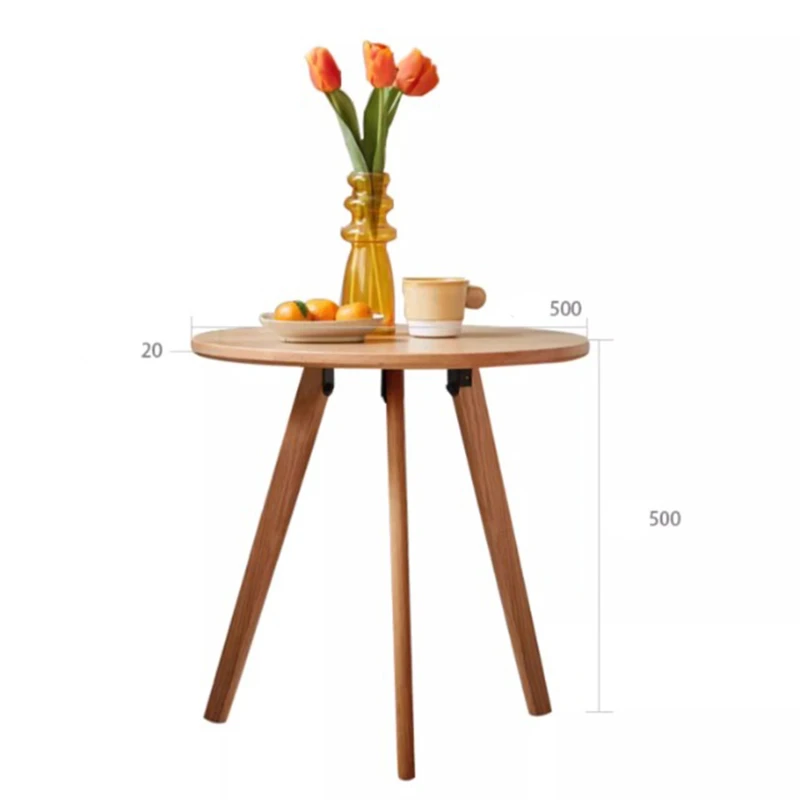 Manna oak round side table with 3 legs dimension diagram showing diameter 500mm, height 500mm, and tabletop thickness 20mm.