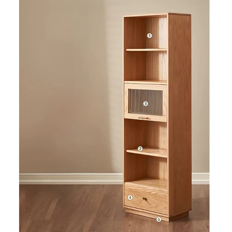 Front view of Manna oak narrow single door bookcase featuring open shelves, middle fluted glass compartment, and bottom drawer.