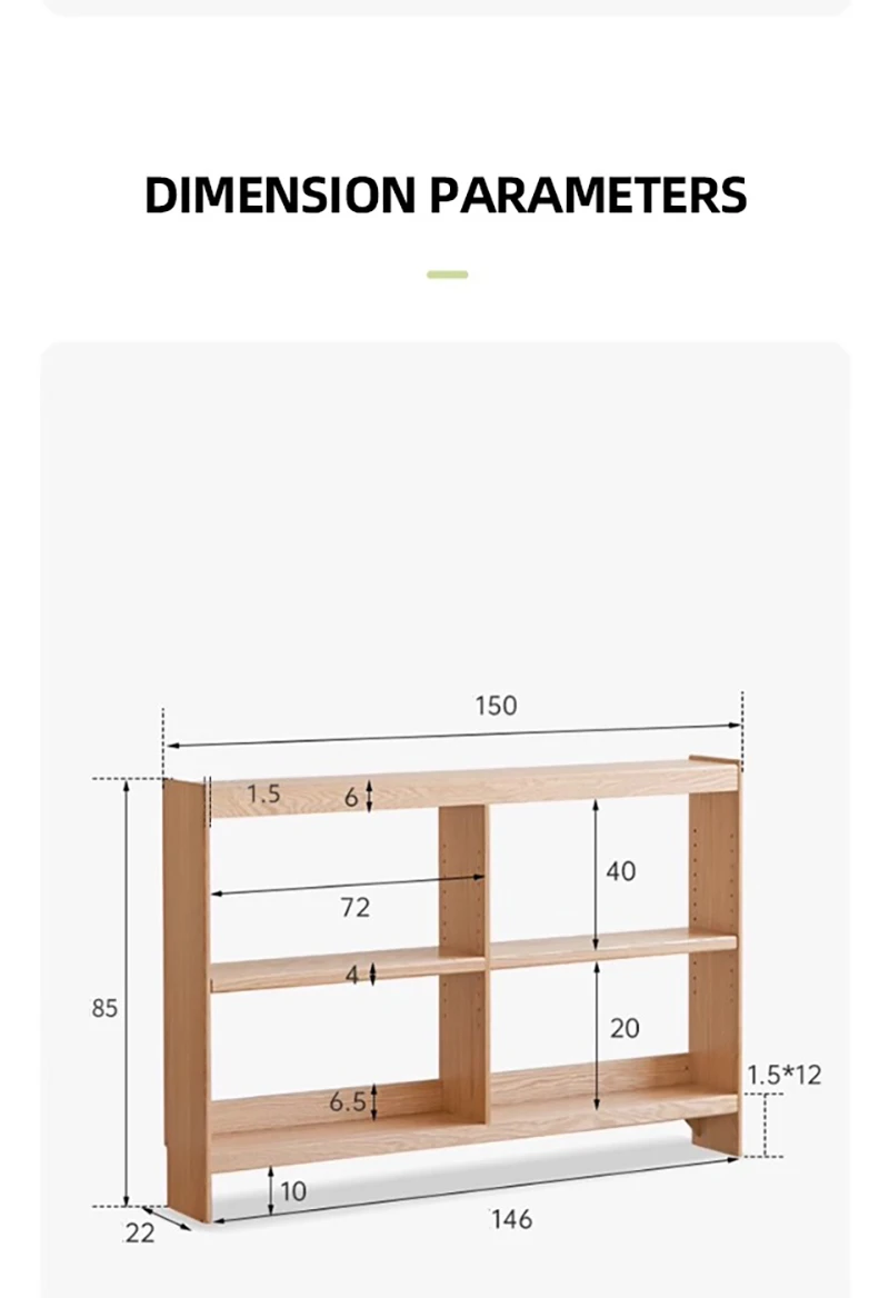 Dimensions specification diagram for Manna oak slim low bookcase with 22cm depth, 150cm length, and 85cm height.
