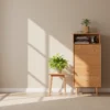 manna-oak-tall-dresser-open-hutch-sunlight-living-room Manna oak tall dresser with top open hutch and drawers styled in a bright, sunlit room next to a potted plant.