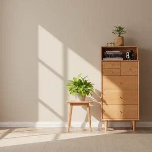 Manna oak tall dresser with top open hutch and drawers styled in a bright, sunlit room next to a potted plant.