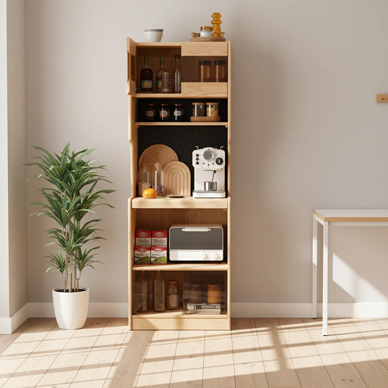 Front view of Manna oak tall kitchen pantry hutch cabinet with coffee maker, toaster oven, and pegboard in a dining room.