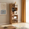 Manna oak tall kitchen pantry hutch styled in a sunny dining room corner with warm curtains and floor rug.