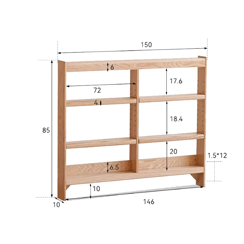 Dimensions specification diagram for Manna oak ultra-slim bookcase with 10cm depth, 150cm length, and 85cm height.