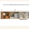manna-oak-wall-mounted-fluted-glass-cabinet-dimensions-spec Dimensions specification diagram for Manna oak wall-mounted cabinet showing length 150cm, depth 28cm, and height 35cm with internal shelf sizes.
