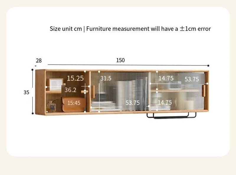 manna-oak-wall-mounted-fluted-glass-cabinet-dimensions-spec Dimensions specification diagram for Manna oak wall-mounted cabinet showing length 150cm, depth 28cm, and height 35cm with internal shelf sizes.