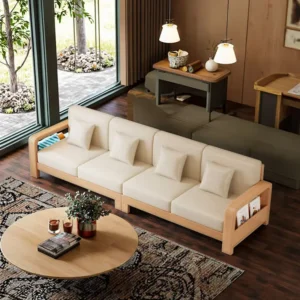 manna solid wood 4 seater sofa with side storage cream