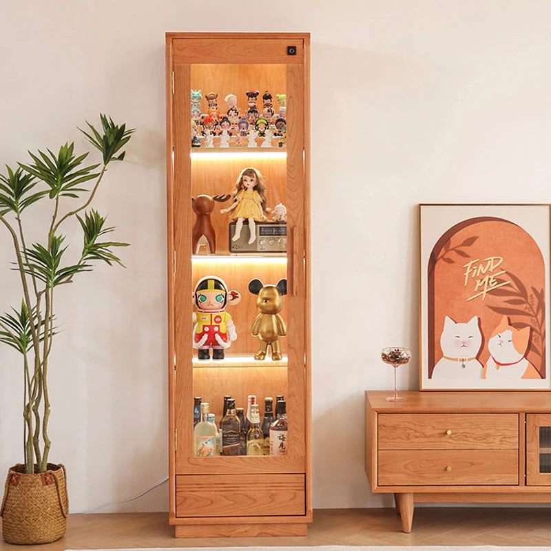 manna-turin-cherry-wood-glass-display-cabinet-front-view Front view of Manna Turin cherry wood glass display cabinet featuring four tier illuminated storage for figures and wine bottles.