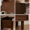manna-walnut-9-drawer-dresser-craftsmanship-details Four-in-one craftsmanship details of Manna black walnut dresser showing continuous wood grain, mortise and tenon joinery, dovetail drawer box, and solid wood legs.
