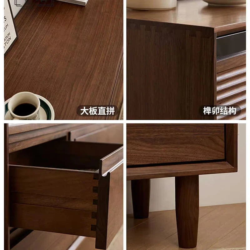 manna-walnut-9-drawer-dresser-craftsmanship-details Four-in-one craftsmanship details of Manna black walnut dresser showing continuous wood grain, mortise and tenon joinery, dovetail drawer box, and solid wood legs.