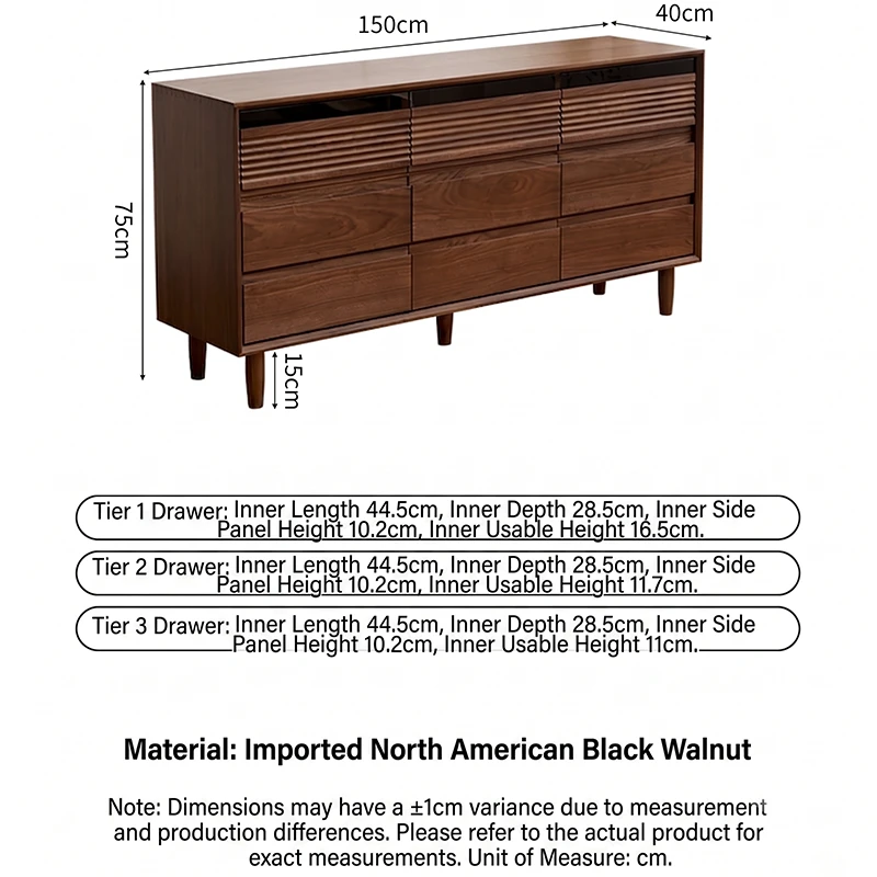 manna-walnut-9-drawer-dresser-dimensions-spec Dimensions specification diagram for Manna North American black walnut 9-drawer dresser showing length 150cm, depth 40cm, height 75cm, and leg height 15cm.