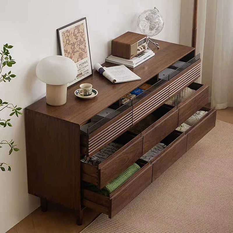 manna-walnut-9-drawer-dresser-fluted-wave-open-drawers Manna imported North American black walnut 9-drawer dresser with top fluted wave drawers opened showing spacious storage.