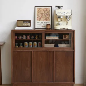 manna-walnut-credenza-sideboard-coffee-bar-front-view Front view of Manna black walnut credenza sideboard styled as a home coffee station with an espresso machine and radio.