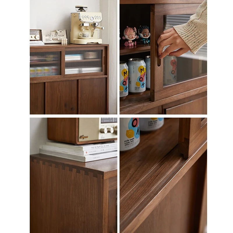 Craftsmanship details of Manna walnut credenza showing sliding glass door, solid wood dovetail joinery, and smooth wooden door tracks.