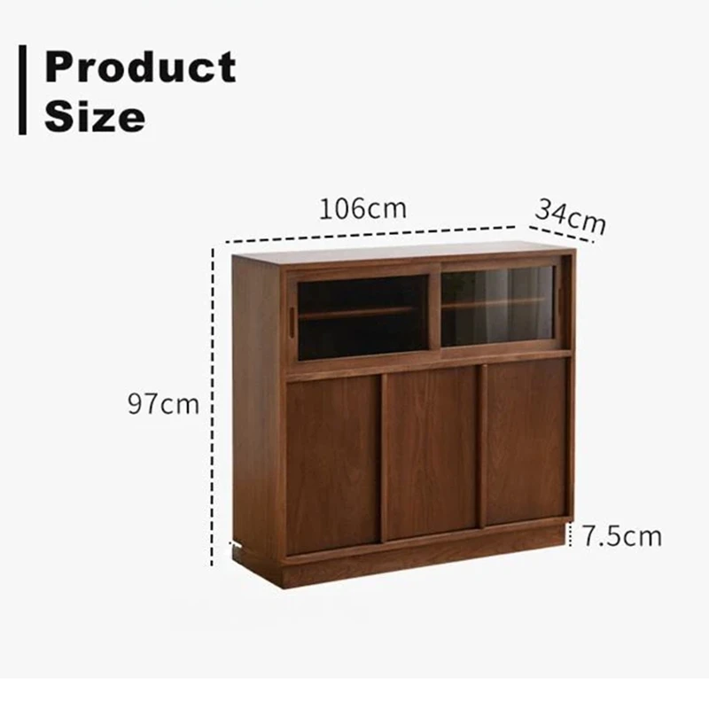 Dimensions specification diagram for Manna black walnut credenza sideboard showing width 106cm, depth 34cm, height 97cm, and plinth base height 7.5cm.