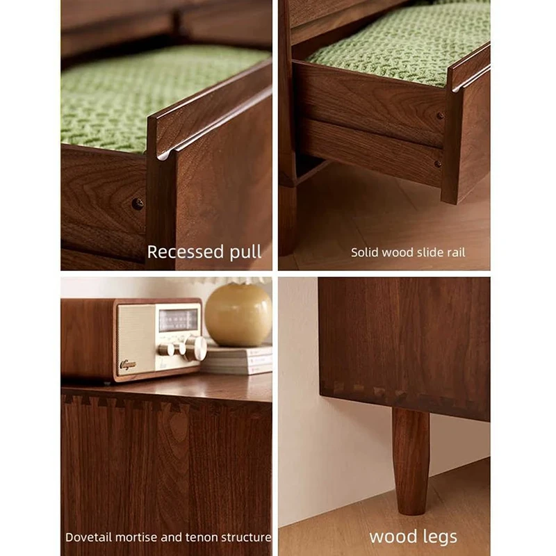 Craftsmanship details of Manna walnut dresser showing recessed pulls, solid wood slide rails, dovetail mortise and tenon joints, and tapered legs.