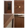 Craftsmanship details of Manna black walnut narrow cabinet showing fluted glass door, brass knob handle, smooth wood grain, and dovetail joinery.