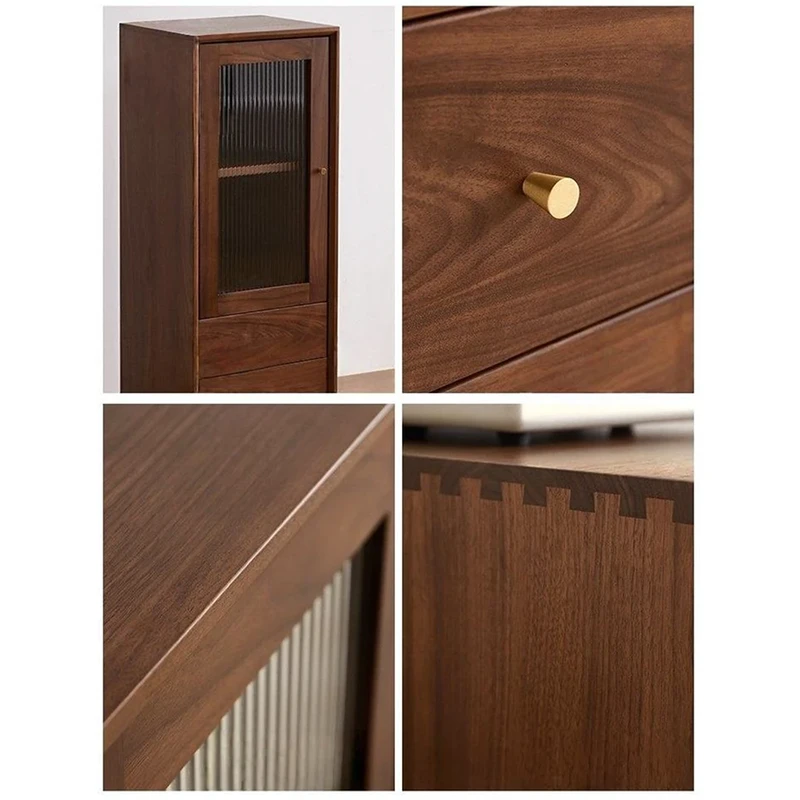 Craftsmanship details of Manna black walnut narrow cabinet showing fluted glass door, brass knob handle, smooth wood grain, and dovetail joinery.