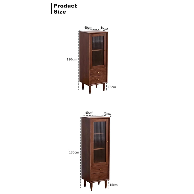 Dimensions specification diagram for Manna black walnut narrow cabinets showing 110cm and 130cm height options with 40cm width and 35cm depth.